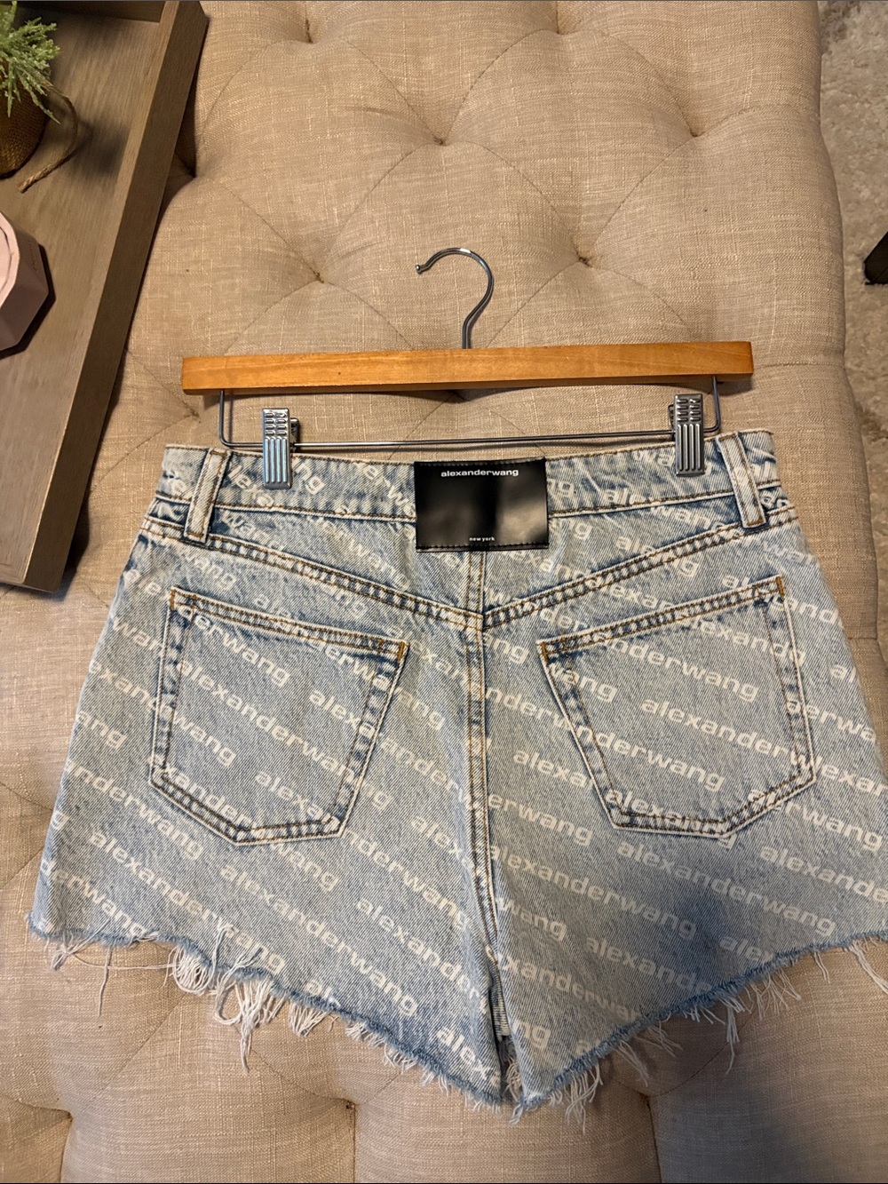 Alexander Wang Light Blue All-Over Logo Denim Cutoff Shorts - Picture 3 of 8